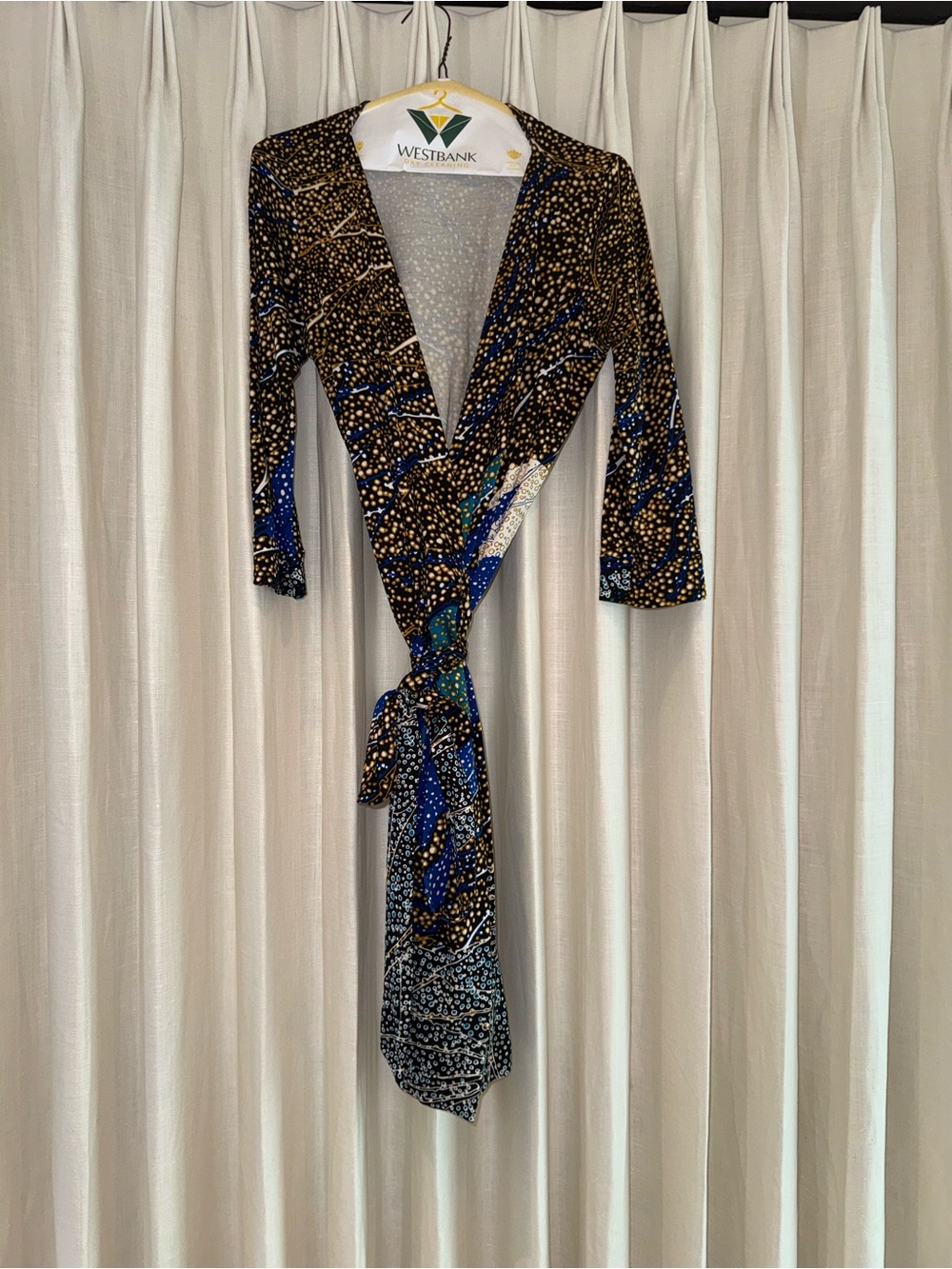 Diane Von Furstenberg Blue and Black Long Sleeve Wrap Dress